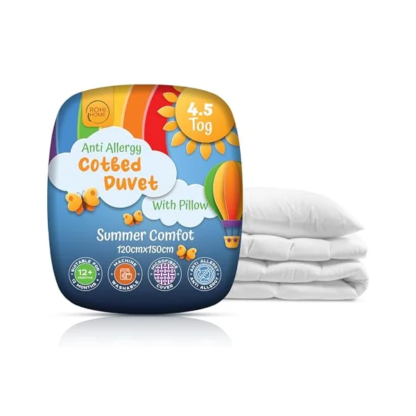 Rohi 4.5 tog Cot Bed Duvet and pillow set – Microfibre Anti-Allergy Toddler Duvet & Pillow – Lightweight, Breathable & Ultra Comfy Baby Quilt 120cm x 150cm