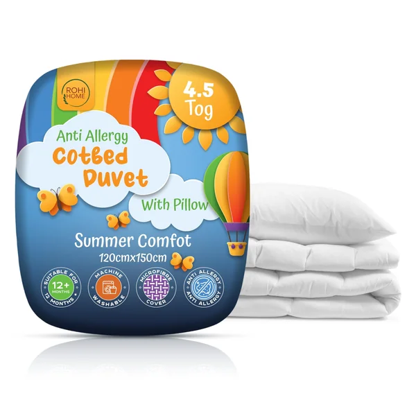 Rohi 4.5 tog Cot Bed Duvet and pillow set – Microfibre Anti-Allergy Toddler Duvet & Pillow – Lightweight, Breathable & Ultra Comfy Baby Quilt 120cm x 150cm