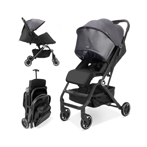 Rollingsurfer Lightweight Baby Stroller for Airplane, Compact Travel Pushchair with Retractable Foot Cover & Reclining Backrest, One Hand Fold Stroller for Toddlers 0-36 Months