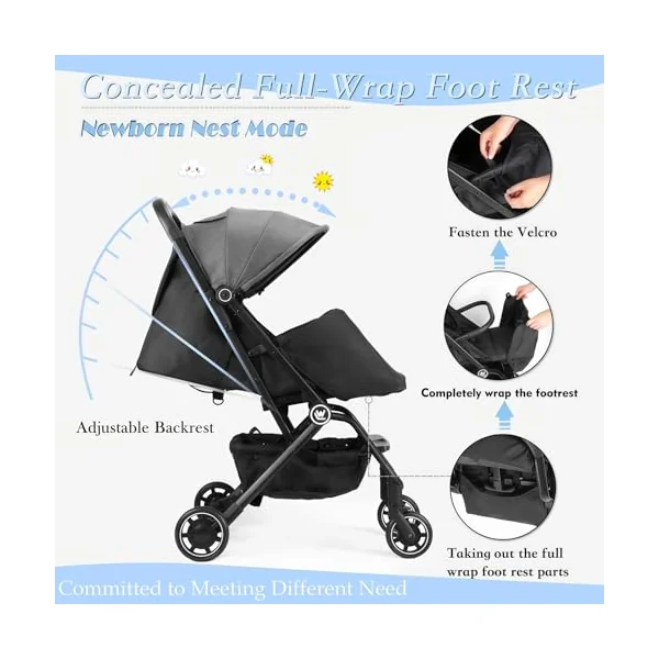Rollingsurfer Lightweight Baby Stroller for Airplane, Compact Travel Pushchair with Retractable Foot Cover & Reclining Backrest, One Hand Fold Stroller for Toddlers 0-36 Months