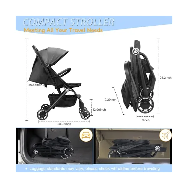Rollingsurfer Lightweight Baby Stroller for Airplane, Compact Travel Pushchair with Retractable Foot Cover & Reclining Backrest, One Hand Fold Stroller for Toddlers 0-36 Months