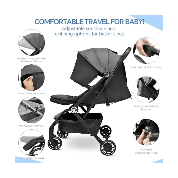 Rollingsurfer Lightweight Baby Stroller for Airplane, Compact Travel Pushchair with Retractable Foot Cover & Reclining Backrest, One Hand Fold Stroller for Toddlers 0-36 Months