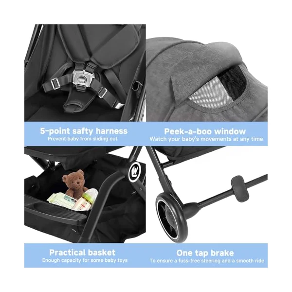 Rollingsurfer Lightweight Baby Stroller for Airplane, Compact Travel Pushchair with Retractable Foot Cover & Reclining Backrest, One Hand Fold Stroller for Toddlers 0-36 Months