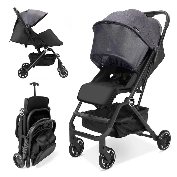 Rollingsurfer Lightweight Baby Stroller for Airplane, Compact Travel Pushchair with Retractable Foot Cover & Reclining Backrest, One Hand Fold Stroller for Toddlers 0-36 Months