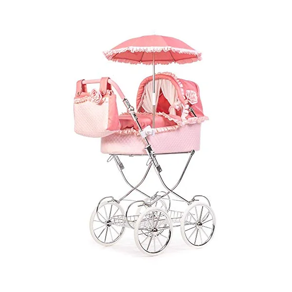Roma Annie Spanish Style Dolls Pram with Adjustable Handle, Suitable for 3-16 Years, Includes Bag, Magnetic Hood Rosettes, Hood Nets, Optional Accessories, Shopping Tray, Dolls Pram for 8 to 12 Years