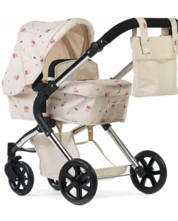 Roma Darcie Dolls Pram -Cream 2in1 with Carrycot and Doll Pushchair Seat Unit, Adjustable Handle Height, Includes Changing Bag, Shopping Basket, Foldable, Pretty Flower Design, Suitable from 3-9 Years