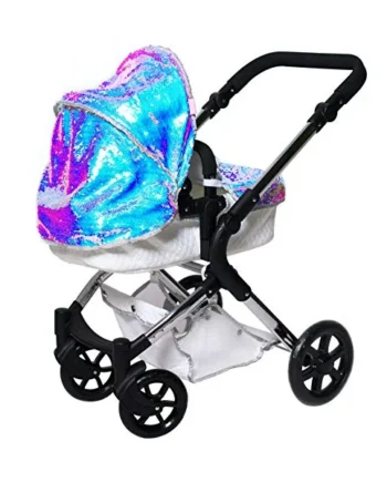 Roma Polly Single Dolls Pram - 2-in-1 Mermaid Dolls Pushchair for 3-9 Years, Lightweight Frame, Adjustable Handle, Carry Cot, Shopping Basket, Coordinating Bag, For Dollys or teddies up to 42cm