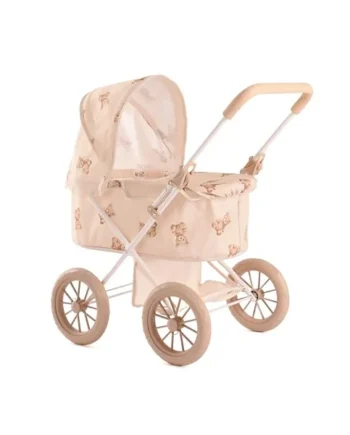 Roma Teddy My First Dolls Pram - Baby Doll Accessories with Teddy Design, Metal Frame, Safety Belt, Fits Dolls Up to 20 Inches, 55cm Handle, Beige, Ages 2+, Sturdy 4-Wheel Design