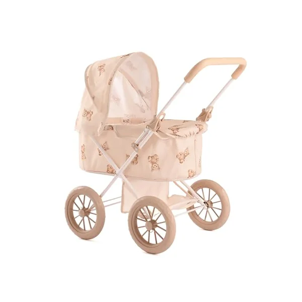 Roma Teddy My First Dolls Pram - Baby Doll Accessories with Teddy Design, Metal Frame, Safety Belt, Fits Dolls Up to 20 Inches, 55cm Handle, Beige, Ages 2+, Sturdy 4-Wheel Design