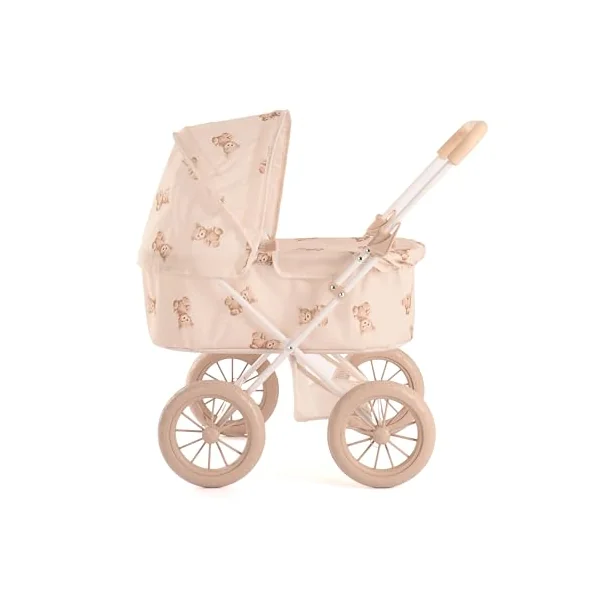Roma Teddy My First Dolls Pram - Baby Doll Accessories with Teddy Design, Metal Frame, Safety Belt, Fits Dolls Up to 20 Inches, 55cm Handle, Beige, Ages 2+, Sturdy 4-Wheel Design