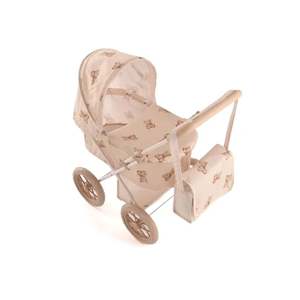 Roma Teddy My First Dolls Pram - Baby Doll Accessories with Teddy Design, Metal Frame, Safety Belt, Fits Dolls Up to 20 Inches, 55cm Handle, Beige, Ages 2+, Sturdy 4-Wheel Design