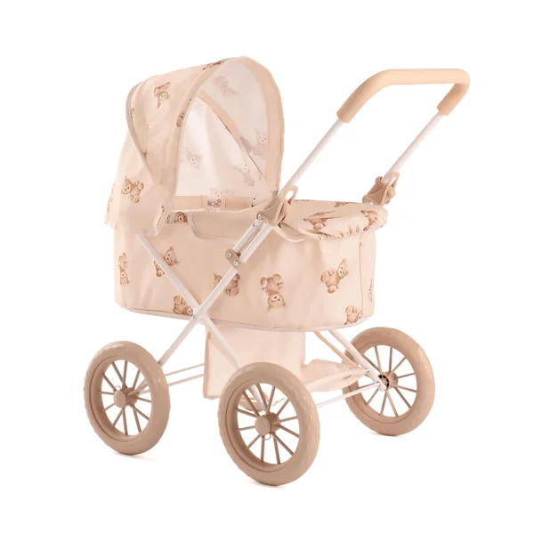 Roma Teddy My First Dolls Pram - Baby Doll Accessories with Teddy Design, Metal Frame, Safety Belt, Fits Dolls Up to 20 Inches, 55cm Handle, Beige, Ages 2+, Sturdy 4-Wheel Design