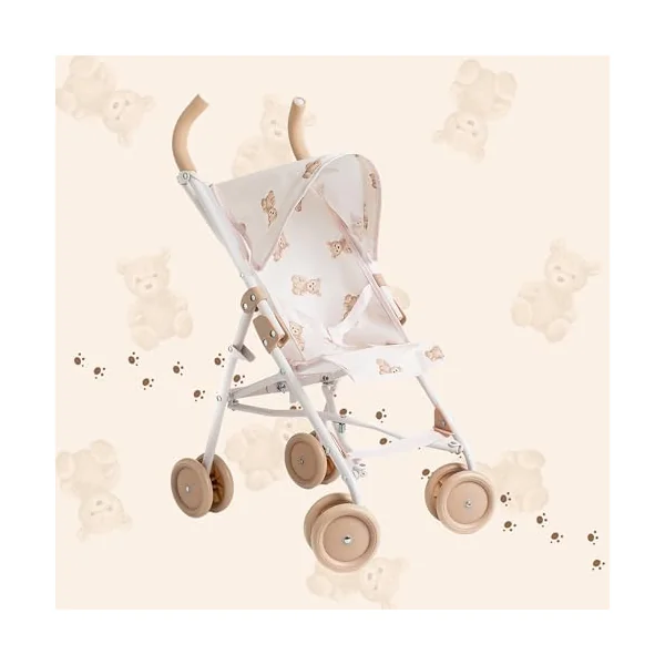Roma Teddy XL Dolls Pram and Pushchair, Adorable Teddy Print with Retractable Hood, Swivel Wheels, Folds Flat for Storage, Suitable for Dolls and Teddies up to 42cm, Ages 3 Plus