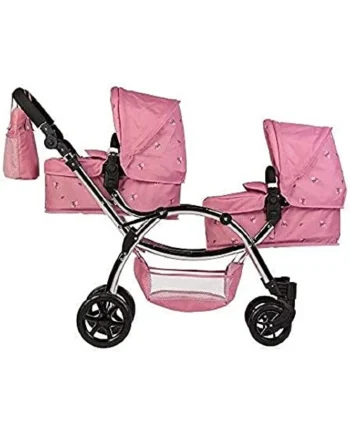 Roma Twin Dolls Pram - Realistic Double Dolls Pushchair for Ages 3-16, Adjustable Handle, 16 Combinations, Ideal Toy Pram for Reborn Dolls, Includes Bag & Basket (Darcie Pink)
