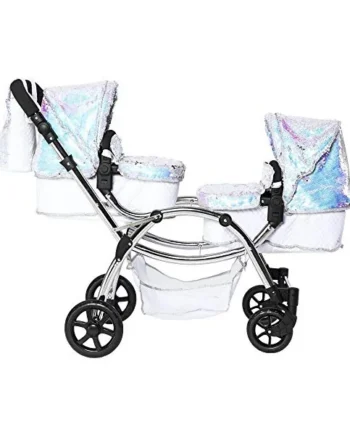 Roma Twin Dolls Pram - Realistic Double Dolls Pushchair for Ages 3-16, Adjustable Handle, 16 Combinations, Ideal Toy Pram for Reborn Dolls, Includes Bag & Basket (Polly)