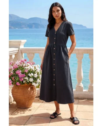 Roman Black Denim Button Through Midi Dress