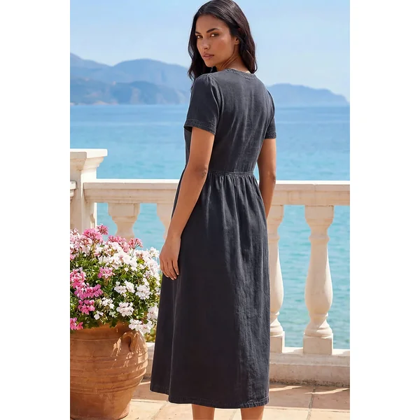 Roman Black Denim Button Through Midi Dress