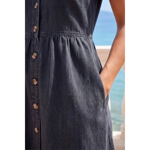 Roman Black Denim Button Through Midi Dress