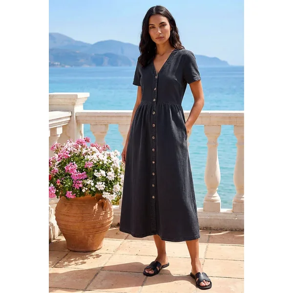 Roman Black Denim Button Through Midi Dress