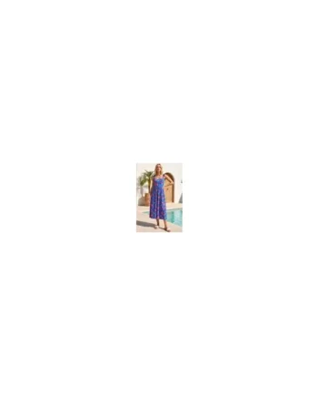 Roman Blue Floral Shirred Strap Midi Dress