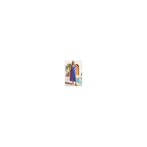 Roman Blue Floral Shirred Strap Midi Dress