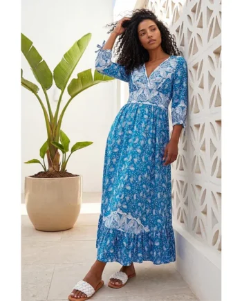 Roman Blue Paisley Print Frill Hem Maxi Dress