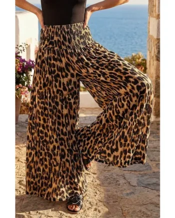 Roman Brown Animal Shirred Palazzo Stretch Trouser