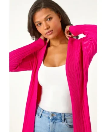 Roman Cerise Longline Stretch Ribbed Cardigan