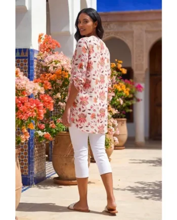 Roman Coral Floral Print Button V-Neck Tunic Top