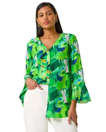 Roman Green Abstract Print Flared Blouse