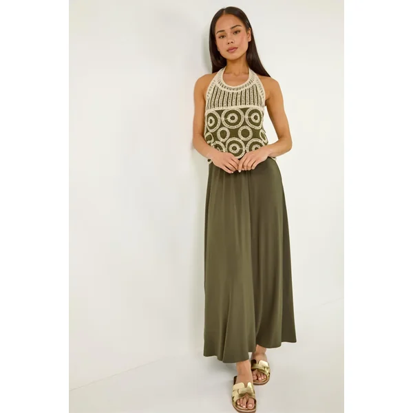 Roman Khaki Petite Crochet Contrast Maxi Dress