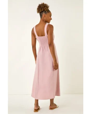 Roman Light Pink Buttoned Tie Waist Midi Dress