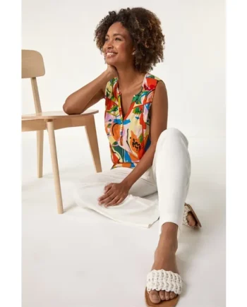 Roman Multi Abstract Print V-Neck Button Top
