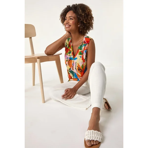Roman Multi Abstract Print V-Neck Button Top