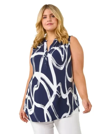 Roman Navy Curve Abstract Print Vest Top
