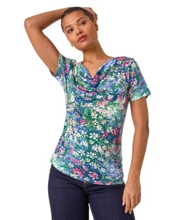 Roman Navy Floral Print Cowl Neck Stretch Top