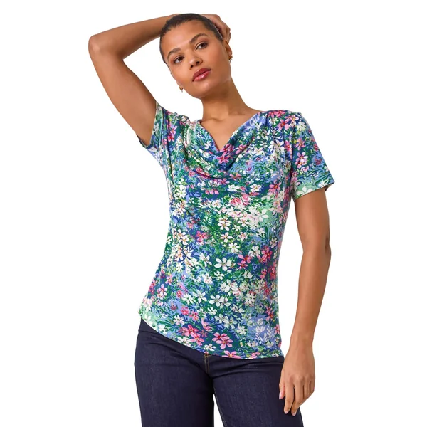 Roman Navy Floral Print Cowl Neck Stretch Top