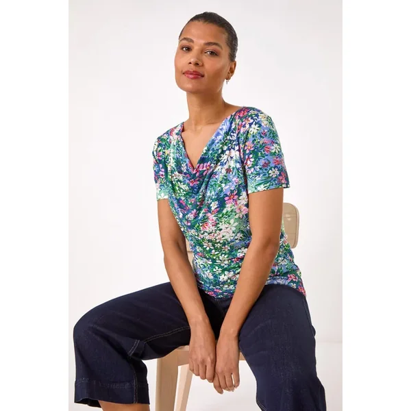 Roman Navy Floral Print Cowl Neck Stretch Top
