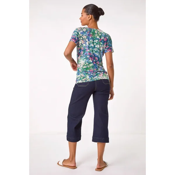 Roman Navy Floral Print Cowl Neck Stretch Top