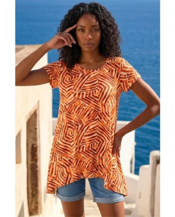 Roman Orange Leaf Print Hanky Hem Tunic Top