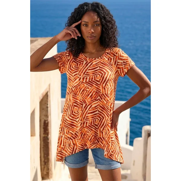 Roman Orange Leaf Print Hanky Hem Tunic Top