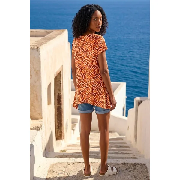 Roman Orange Leaf Print Hanky Hem Tunic Top