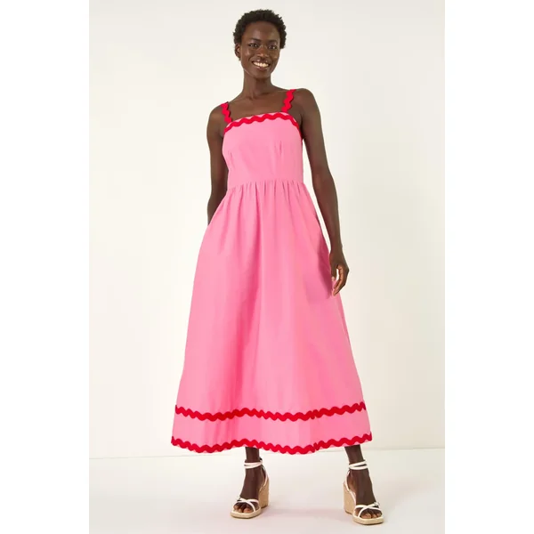 Roman Pink Contrast Ric Rac Midi Dress