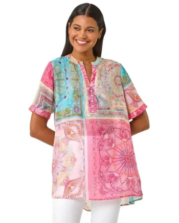 Roman Pink Scarf Print Hotfix Buttoned Top