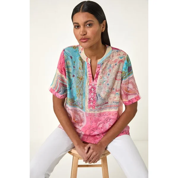 Roman Pink Scarf Print Hotfix Buttoned Top