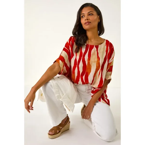 Roman Red Abstract Print Buttoned Tunic Top