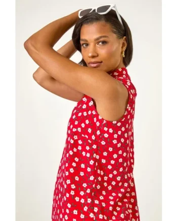 Roman Red Floral Pleat Front Vest Top