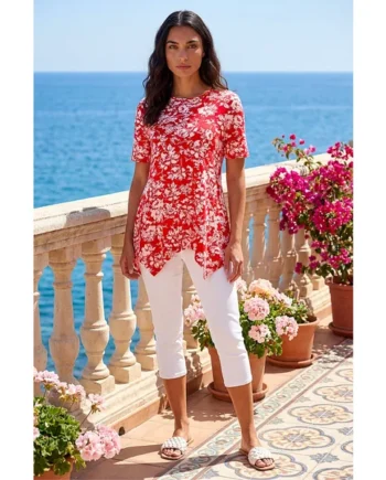 Roman Red Leaf Print Hanky Hem Tunic Top
