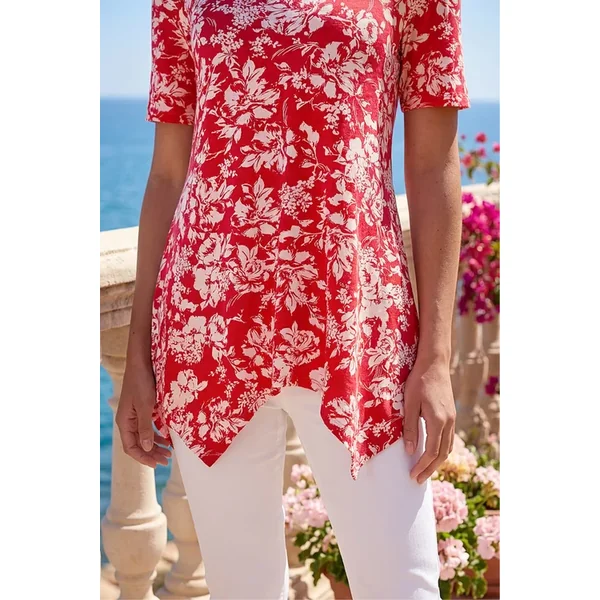 Roman Red Leaf Print Hanky Hem Tunic Top