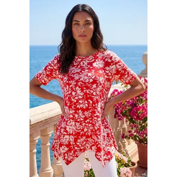 Roman Red Leaf Print Hanky Hem Tunic Top